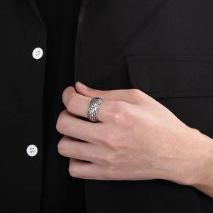 Vintage punk men's titanium steel square ring with retro brick wall texture design