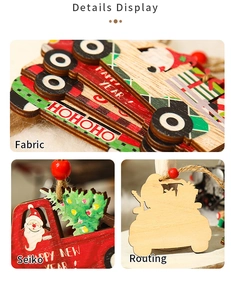 Detail showing painted wooden Christmas tree ornaments with twine and red beads decoration