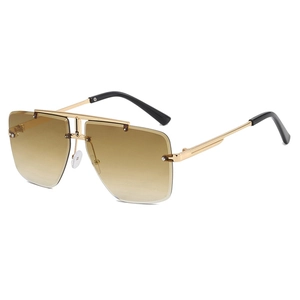 Fashionable rimless square sunglasses with gradient brown lenses and gold metal frame