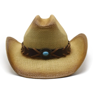 Classic straw western cowboy hat with turquoise metal emblem and woven leather band