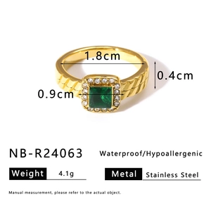 Detailed specs of gold stainless steel ring with square emerald green zircon and diamonds