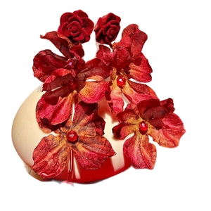 Elegant red fabric rose and orchid flower earrings with sparkling rhinestones on silver needles