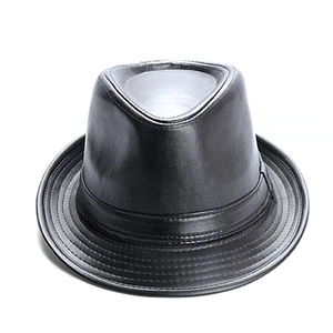 Detailed top view of a classic black PU leather fedora hat with premium stitching