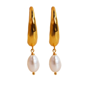 Elegant French vintage hammered gold earrings with white teardrop pearls on white background