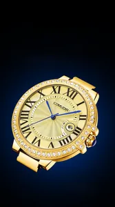 Macro shot of gold automatic watch with diamond bezel and blue hands on radial dial