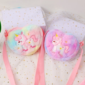Cute rainbow unicorn plush heart crossbody bag for girls, soft colorful shoulder backpack