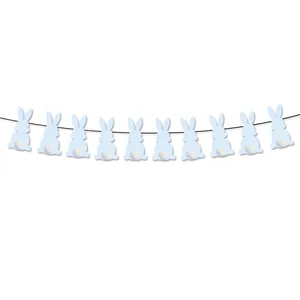 Blue bunny banner with white pom-pom tails for Easter party and birthday decoration