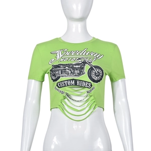 Detail of crop top t-shirt featuring vintage motorcycle print and distressed hemline