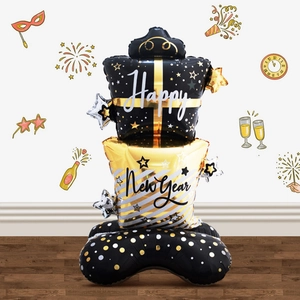 Happy New Year balloon column in black and gold metallic foil for festive party decoration