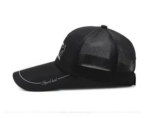 Detail of black sports baseball cap with breathable mesh and curved sport hat brim