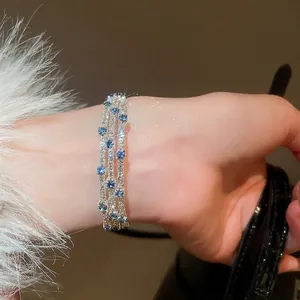 Triple Layer Open Cuff Bracelet Copper Zircon Blue White Square Stones French Vintage Elegant Light Luxury Jewelry Women