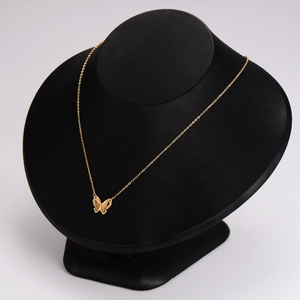 Exquisite double-layer golden butterfly necklace displayed on a black stand