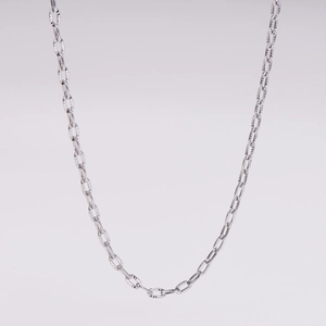 Close-up of polished silver stainless steel twisted rope chain with intricate links