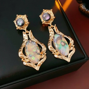 Vintage gold oval shell earrings with rainbow abalone mother-of-pearl inlay on leather
