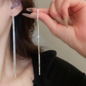 Detailed view of silver tassel earrings with sparkling rhinestones and linear design