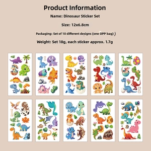 Set of 10 waterproof cartoon dinosaur tattoo stickers with various designs for kids parties