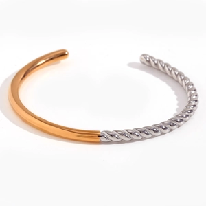 Polished 18K gold and silver twisted rope open cuff bangle in minimalist steel design