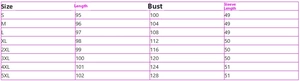 Detailed size chart for women's cardigan coat showing length bust and sleeve measurements