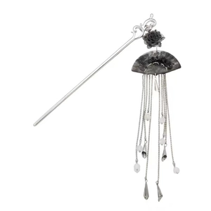 New Chinese ink style hair pin with black rose flower fan pendant and long tassels