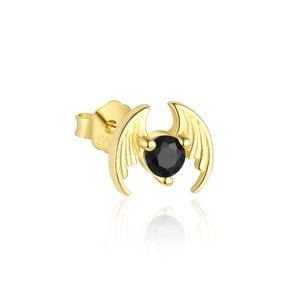 Detailed close-up of S925 silver bat earrings with black zircon and gold plating