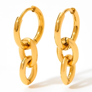 Polished gold stainless steel double link chain earrings on a clean white background