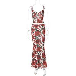 Detail view of two-piece summer set with red rose floral print and V-neck crop top