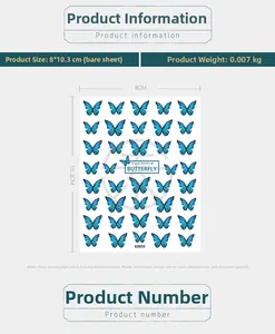 Detailed size specifications for blue butterfly 5D nail art stickers measuring 8x10.3cm