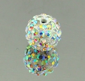 Macro shot of 10mm Shamballa clay beads with multi-color rhinestones and dual straight holes