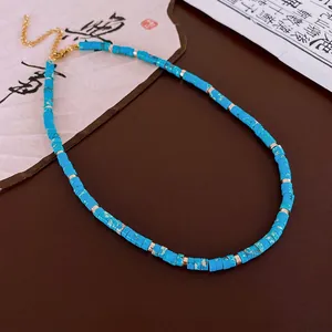 New Chinese style turquoise beaded necklace with gold spacers and adjustable chain
