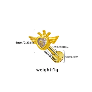Detailed size chart for golden winged heart crown piercing jewelry with 1g weight