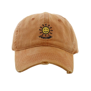 Ginger yellow washed cotton baseball cap with embroidered sunshine logo and frayed brim