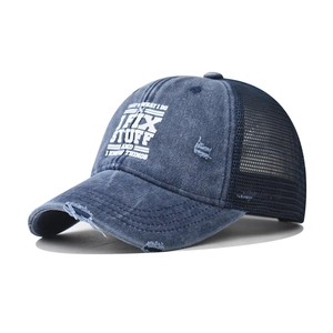 Cappellino trucker vintage in denim blu navy con stampa STUFF e rete nera