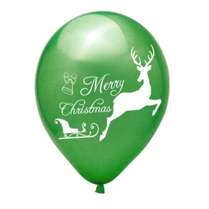 Close-up of green Merry Christmas balloon with white reindeer and sled prints