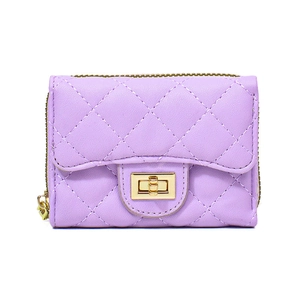 Purple quilted faux leather short wallet featuring a gold-tone clasp and zipper closure