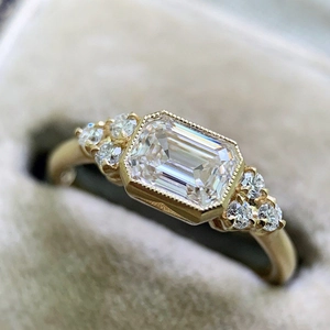 Anillo Vintage Talla Esmeralda Circonita Cobre Engaste Bisel Milgrain Joyería Art Déco Para Mujeres Elegante