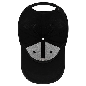 Inside view of black cotton baseball cap showing reinforced lining and K embroidery