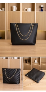 Detailed views of black tote bag with gold chain strap and V-shaped quilted pattern