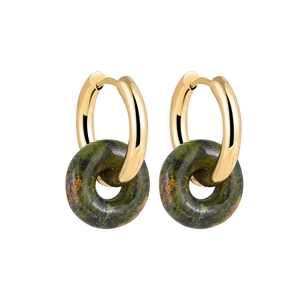 Close-up of 18K gold hoop earrings featuring green natural stone texture pendants