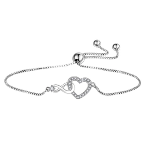Silver infinity heart bracelet with crystal cubic zirconia and adjustable bead closure