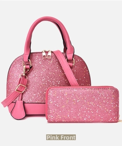 Pink sequin shell handbag and long wallet set with gold hardware and pink PU leather details