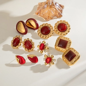 Vintage Geometric Stud Earrings Stainless Steel Red Resin Waterproof Hypoallergenic Retro Elegant For Women