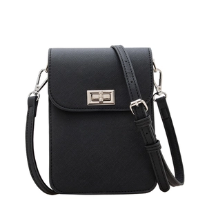 Mini black crossbody phone bag in cross-grain faux leather with silver metal swivel lock