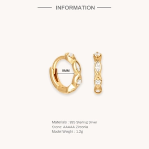 Detailed view of 9mm S925 sterling silver gold hoops with AAAAA zirconia stones