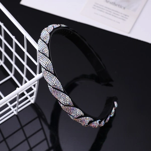 Fashionable braided headband with sparkling colorful rhinestones on a black base for women