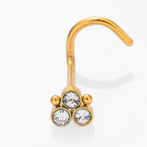 Close-up of gold stainless steel nose stud featuring three sparkling triangular zircons