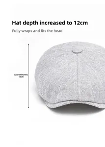 Detail showing the 12cm depth of the grey linen newsboy cap for a secure head fit