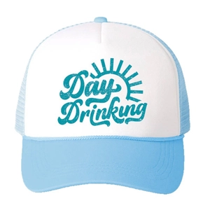 Blue and white trucker hat with Day Drinking print and breathable mesh back