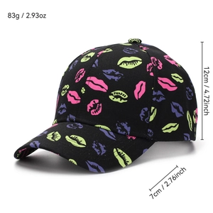 Black canvas baseball cap with neon lip prints and dimensional measurements displayed