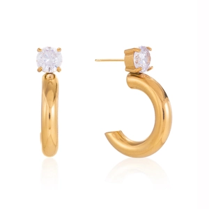 Orecchini a C classici in acciaio placcato oro 18K con zirconi cubici tondi