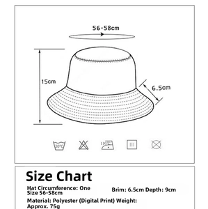 Size chart for terry cloth bucket hat showing 56-58cm circumference and washing symbols